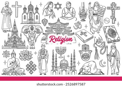 Religious people and objects from different faiths symbolize unity or belief in god. Religious symbols from christianity and islam or buddhism and judaism with hinduism. Hand drawn.