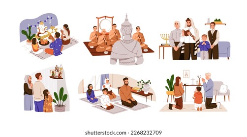 Religious people praying. Muslim, Christian, Hindu, Buddhist, Jewish, Protestant families at religion rituals, prayers with holy symbols. Flat graphic vector illustrations isolated on white background - Shutterstock ID 2268232709