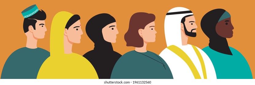 Religious people together, isolated faces. Flat vector stock illustration. Buddhist, Catholic, Islamic person, Jew as a concept of peace. World multicultural religious community. Vector graphics