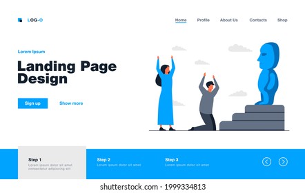 Religious people worshipping idol. Statue, holy table, cult. Flat vector illustration. Religion, culture, tradition concept for banner, website design or landing web page