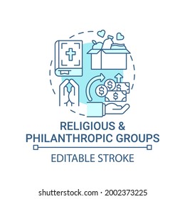 Icono de concepto de grupos religiosos y filantrópicos. Obtención de fondos para la idea abstracta ilustración de línea delgada. Recolección de dinero para el bien público. Fondos adicionales. Dibujo de color de contorno aislado del vector. Trazo editable
