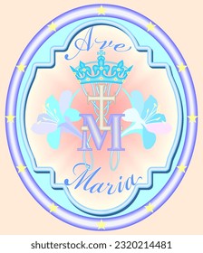 Religious plaque of Our Lady, depicting monogram M, the Cross, a crown, lilies, and the inscription Ave Maria