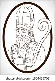 Religious portrait in hand draw style of the image of Saint Nicholas of Myra, with mitre, book and staff inside a oval button.