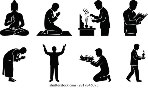 Religious Practice Silhouettes Set of Prayer Meditation and Spiritual Worship Symbols
