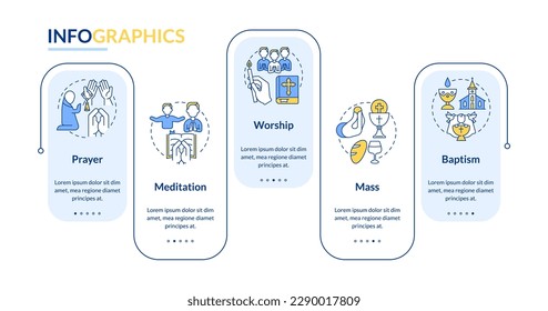 Religious practices rectangle infographic template. Worshiping. Data visualization with 5 steps. Editable timeline info chart. Workflow layout with line icons. Lato-Bold, Regular fonts used