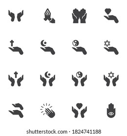 Religious pray vector icons set, modern solid symbol collection, filled style pictogram pack. Signs, logo illustration. Set includes icons as praying hands, judaism, christianity, islam, buddhism