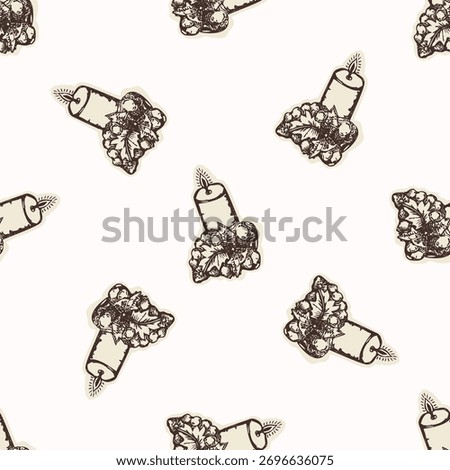 Religious prayer candle seamless vector pattern. Christian home decor background for sunday school bible study. Reflection lit candle all over print. 