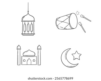 Religious ramadan design element. Hand drawn lanter, moon, mosque and percussion icon