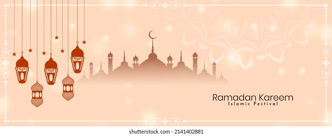 Religious Ramadan Kareem islamic festival greeting banner with mosque vector