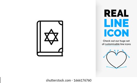 religious real line icon of the Tanakh with a David star on its cover symbol for jewish faith in the form of a bible in black clean lines on a white background