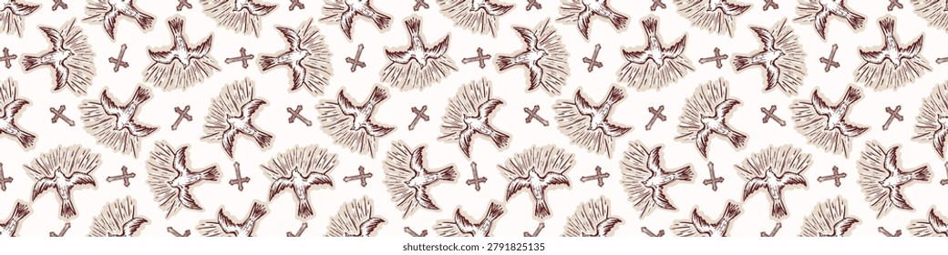 Religious repeat banner scripture illustration for spirit of god. Christias holy spirit dove seamless vector border. 