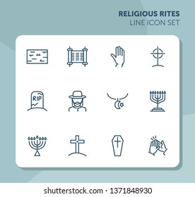 Religious rites line icon set. Cemetery, menorah, rabbi. Religion concept. Can be used for topics like church, funeral, Judaism