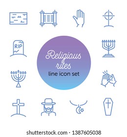 Religious rites line icon set. Cemetery, menorah, rabbi. Religion concept. Can be used for topics like church, funeral, Judaism