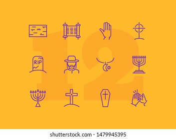 Religious rites line icon set. Cemetery, menorah, rabbi. Religion concept. Can be used for topics like church, funeral, Judaism