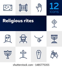 Religious rites line icon set. Cemetery, menorah, rabbi. Religion concept. Can be used for topics like church, funeral, Judaism