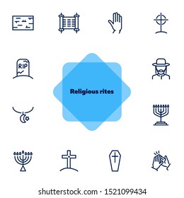 Religious rites line icon set. Cemetery, menorah, rabbi. Religion concept. Can be used for topics like church, funeral, Judaism
