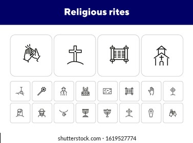 Religious rites line icon set. Cemetery, menorah, rabbi. Religion concept. Can be used for topics like church, funeral, Judaism