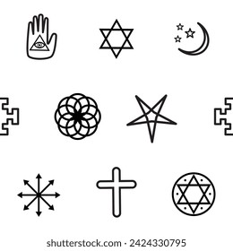 Religious sacred symbols seamless pattern. Line style elements. Vector design background. Paper, package, textile, etc.