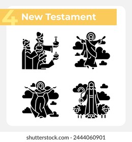 Religious scenes black glyph icons set on white space. New testament. Biblical stories. Jesus Christ and Holy Mary. Silhouette symbols. Solid pictogram pack. Vector isolated illustration