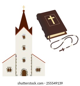 Religious set with church, holy bible, rosary beads vector isolated, christian, catholic