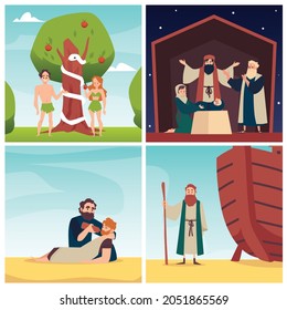 Religious set of scenes from christian bible in cartoon flat style vector illustration. Expulsion from paradise of adam and eva, birth of jesus, noah's ark, parable of good samaritan.