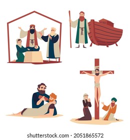 Religious set of scenes from christian bible in cartoon flat style vector illustration isolated. Birth of Jesus, Noah's ark, parable of good Samaritan, crucifixion of Christ on Calvary