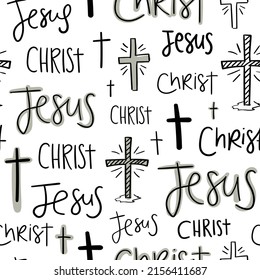 Religious sign and symbol drawings. Christianity concept Jesus Christ words. Seamless pattern repeating texture background design for fashion graphics, textile prints, fabrics, wallpapers.