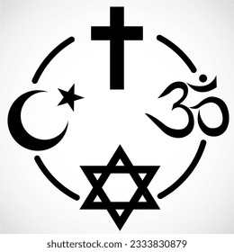 Religious signs united in circle: Islam, Christianity, Hinduism, Judaism. Symbol of world religions