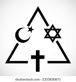 Religious signs united in triangle: Islam, Christianity, Judaism. Symbol of world religions