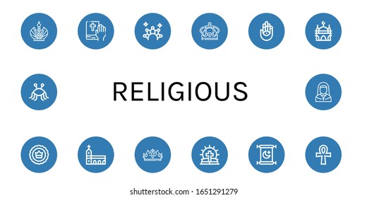 religious simple icons set. Contains such icons as Crown, Bible, Hamsa, Mosque, Monastery, Islam, Ankh, Pastafarianism, Nun, can be used for web, mobile and logo