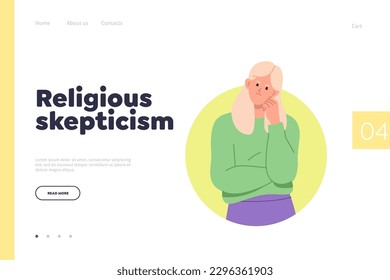 Religious skepticism concept for landing page with unsure woman character thinking about belief