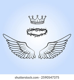 Religious and spiritual angel wings, a royal crown, and a crown of thorns on a soft blue background. Line art drawing for faith based designs, Easter, tattoo concepts, logo, print. Vector illustration