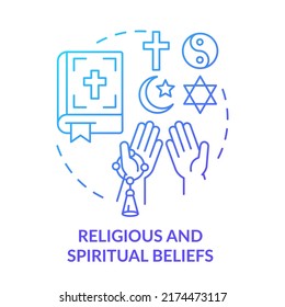 Religious and spiritual beliefs blue gradient concept icon. Diversity abstract idea thin line illustration. Devotion to superior being. Isolated outline drawing. Myriad Pro-Bold font used