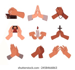 Religious and spiritual hand gestures set. Vector illustrations depicting diverse praying hands with symbolic faith elements like a Bible, rosary, icon, candle, and cross.