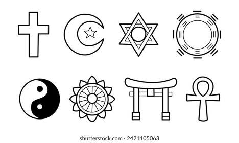 Religious and Spiritual symbols collection, universal icons and symbols of faith, monochromatic line art style, vector illustrations.