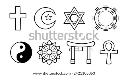 Religious and Spiritual symbols collection, universal icons and symbols of faith, monochromatic line art style, vector illustrations.