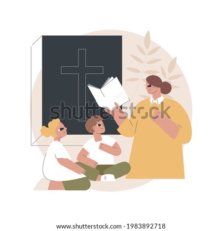 Religious summer camp abstract concept vector illustration. Faith-based camp, religious education, Christian faith, Bible study, prayer time, devotional book, spiritual training abstract metaphor.
