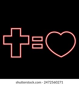 The Religious symbol of the Cross Equal Love in neon effect