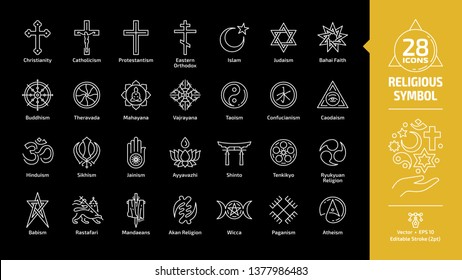 Religious symbol editable stroke outline icon set on a black bacjground with christian cross, islam crescent and star, judaism star of david, buddhism wheel of dharma religion line sign.