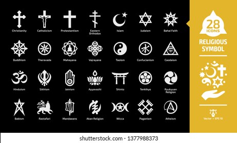 Religious symbol glyph icon set on a black background with christian cross, islam crescent and star, judaism star of david, buddhism wheel of dharma religion silhouette sign.