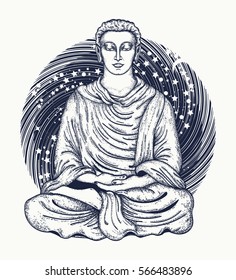 Religious symbol of harmony, spirituality, yoga, meditation, soul. God Buddha in lotus position on background of universe t-shirt design 