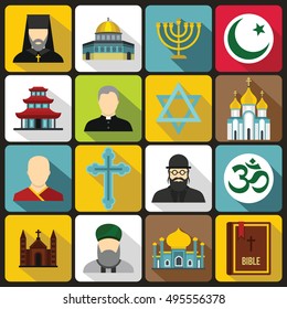 Religious symbol icons set in flat style. World religions and badges set collection vector illustration