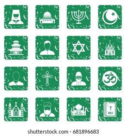 Religious symbol icons set in grunge style green isolated vector illustration