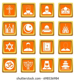 Religious symbol icons set in orange color isolated vector illustration for web and any design