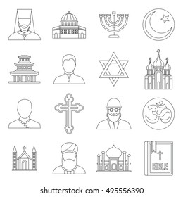 Religious symbol icons set in outline style. World religions and badges set collection vector illustration