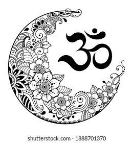 Religious symbol of mantra OM and Crescent with flower in mehndi style. Traditional Oriental symbols for decoration of room, greeting cards, prints on clothing, sports equipment, tattoos and henna.