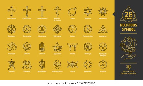 Religious symbol outline icon set on a yellow background with christian cross, islam crescent and star, judaism star of david, buddhism wheel of dharma religion editable stroke line sign.