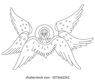 Religious symbol. Seraph, six winged Angel. Vector illustration. Line drawing outline. celestial character For design and decoration of religious concepts