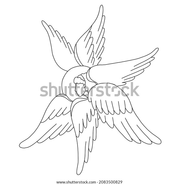 Religious symbol six winged Angel cherub. Vector\
illustration. Line drawing outline. heavenly character For design\
and decoration of religious\
concepts