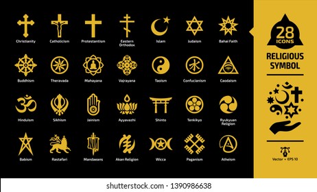 Religiöse Symbol gelb Symbol auf schwarzem Hintergrund mit christlichem Kreuz, Islam-Crescent und Stern, judaistischer Stern von David, taoismus Yin und Yang, Shin torii Tor Religion Glyph Zeichen.